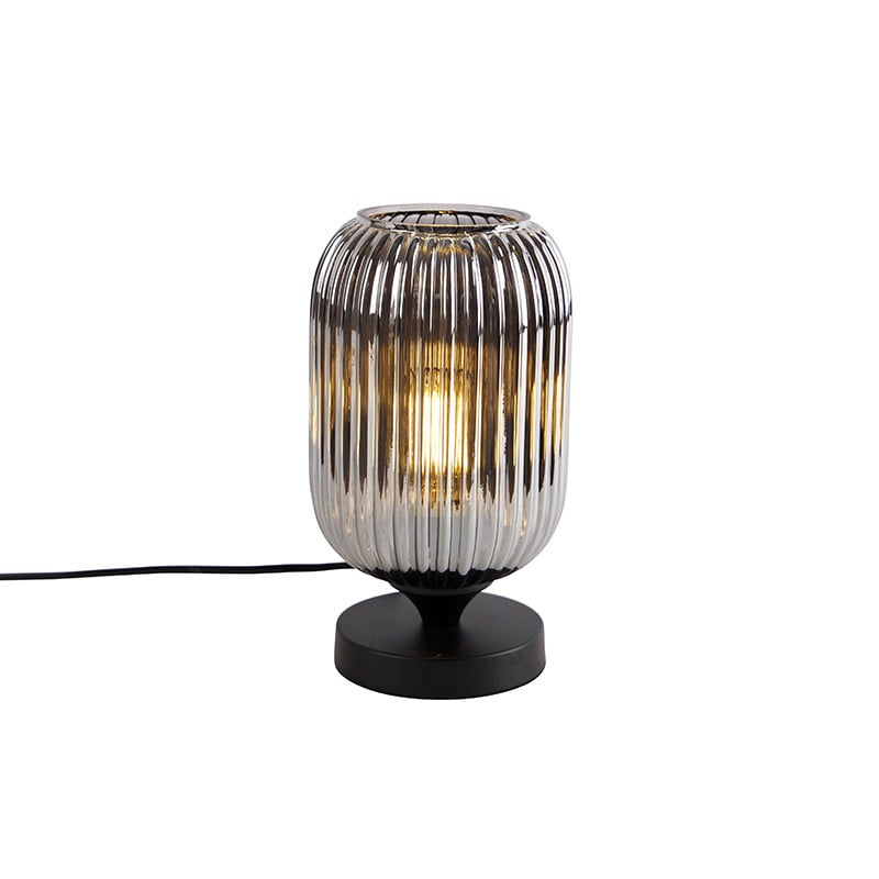 Qazqa Art Deco tafellamp zwart en zilver met grijs glas