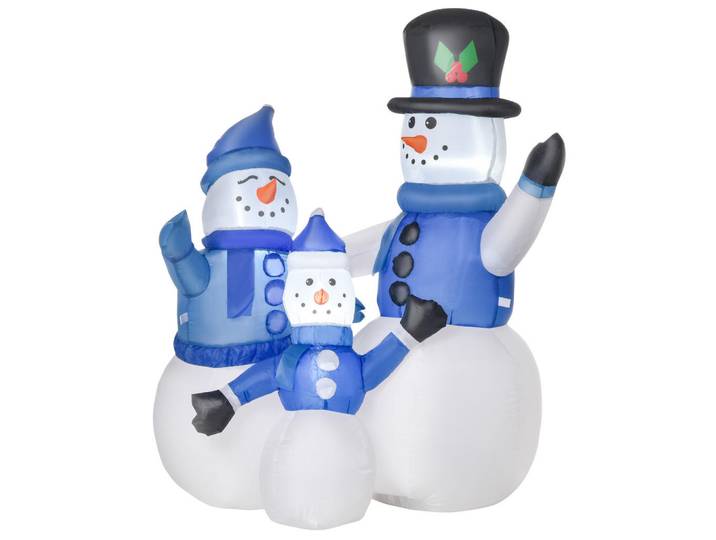 Homcom Schneemann Familie Selbstaufblasbare Dekoration LED mit Gebläse Blau, Mehrfarbig, Kunststoff, 55x120x100 cm, Dekoration, Weihnachtsdekoration