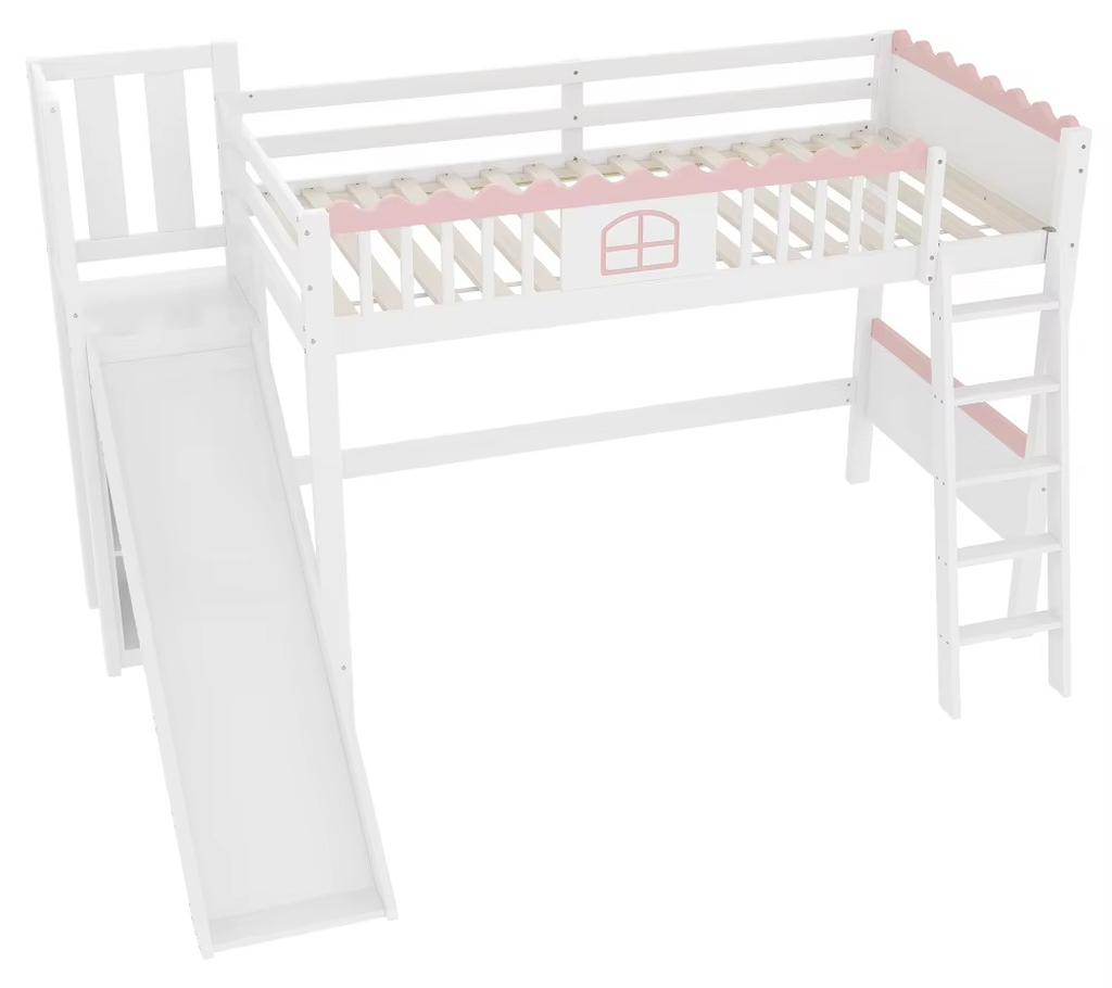 Multifunktionales Etagenbett - 90x200 cm - EN747- - LED-Beleuchtung und Rutsche - Ablagefächer - Kiefer - Weiß