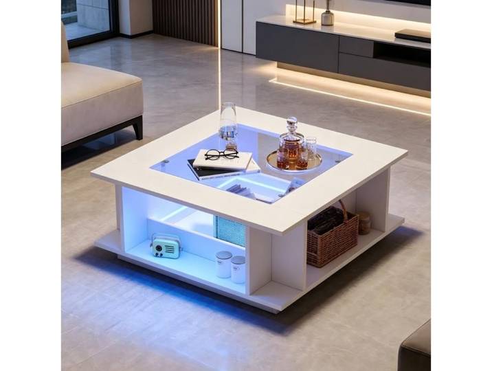 WOVREO Table basse carrée 70 x 70 x 30 cm blanche avec plateau en verre LED USB rangements ouverts