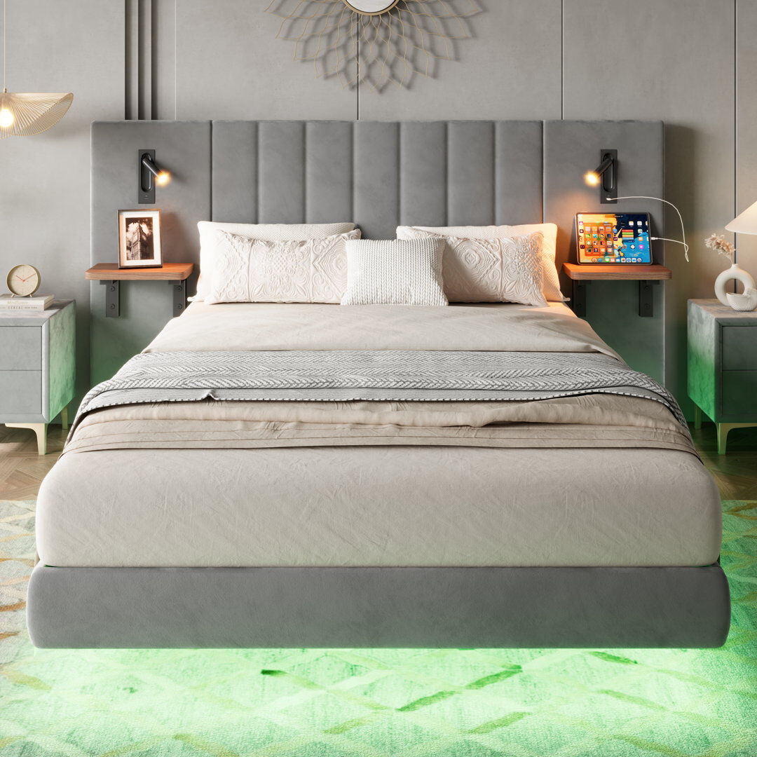 Canora Grey Upholstered Velvet Bed Frame Grey Double (4'6)