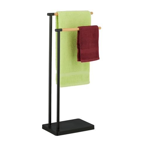Relaxdays vrijstaand handdoekrek van bamboe en rvs, bruin/zwart, H: 78 cm, B: 36,5 cm, D: 20 cm
