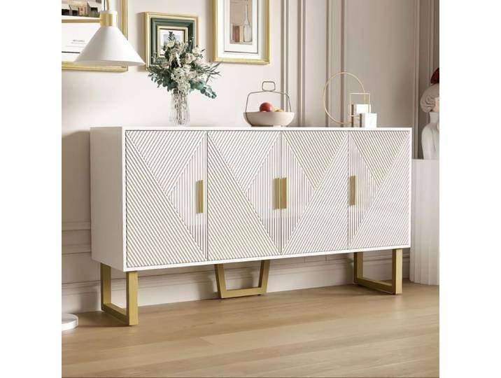 Buffet 150x40x82cm moderne luxe 4 portes textures brillantes poignes dores tagres rglables en hauteur Blanc
