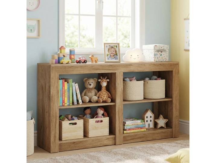 Console d'entrée TOPESCT 150x35x85 cm avec 4 compartiments rangement pour couloir salon chêne