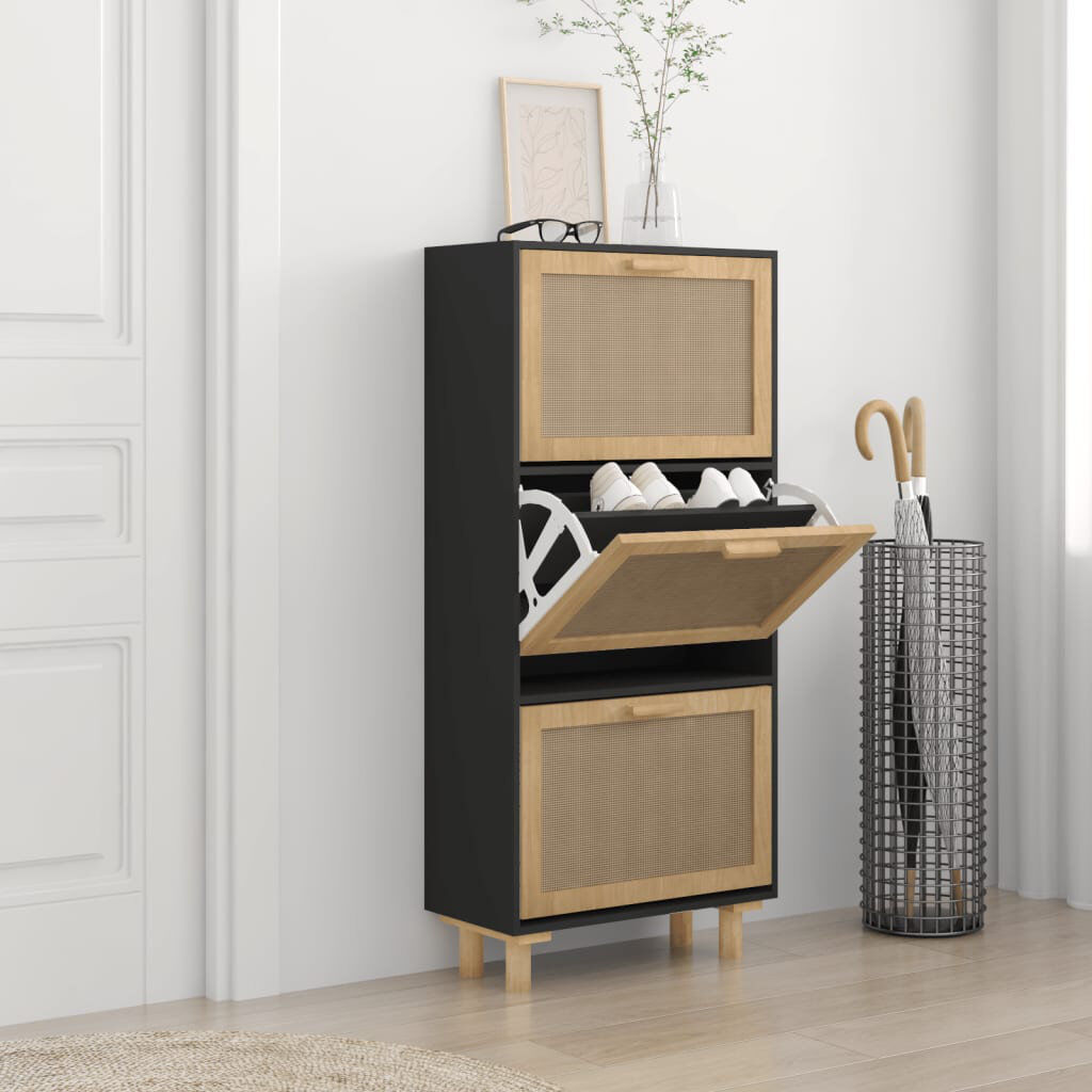 Bay Isle Home Shoe Cabinet 52x25x115 cm Engineered Wood&Natural Rattan Black