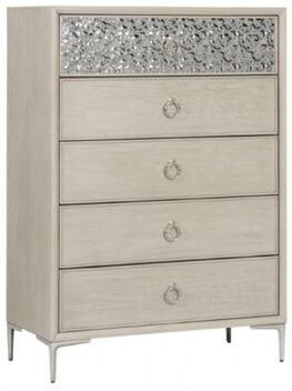 Benjara Kaira Tall Dresser Chest, 5 Drawers, Metal Accents, Natural Oak Brown