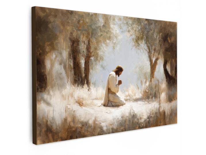 MuchoWow Leinwandbild - Jesus - Kniend - Waldlandschaft - Betend - 90x60 - Deko Wohnzimmer, Beige, Hellblau, Textil, Kiefer, Abstrakt, Rechteckig, 90x60 cm, gerahmt, Bilder & Rahmen, Bilder, Wandbilder