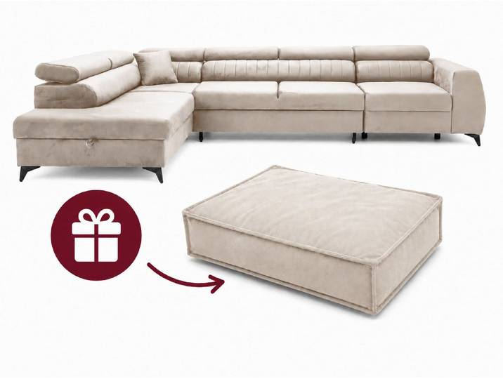 Muffo Ecksofa PIERO MAXI + Haustierbett in der Farbe des Möbelstücks GRATIS, mit Schlaffunktion und Bettkasten, Verstellbare Kopfstützen