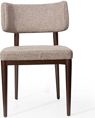Designer eetkamerstoel met beige textiel en bruine houten poten