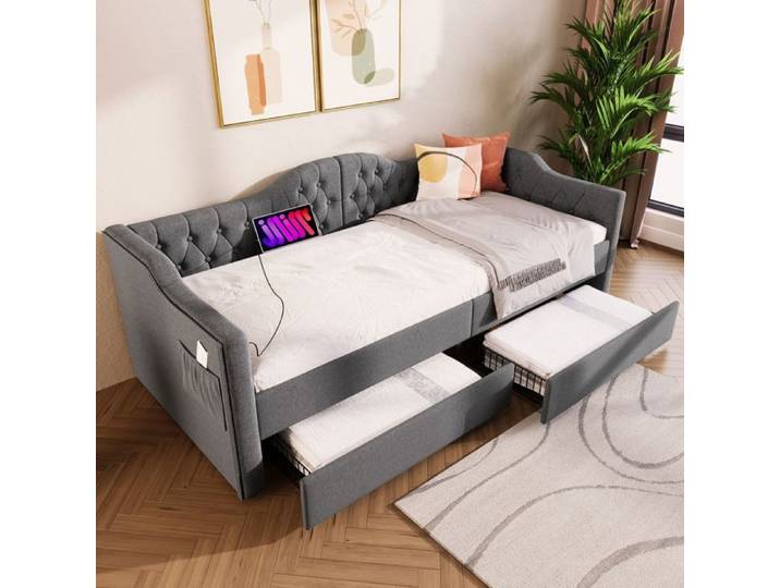 Lit banquette - SOGEU - Lit banquette 90x190 cm - 2 tiroirs - Chargeur USB Type‑C - Sommier à lattes