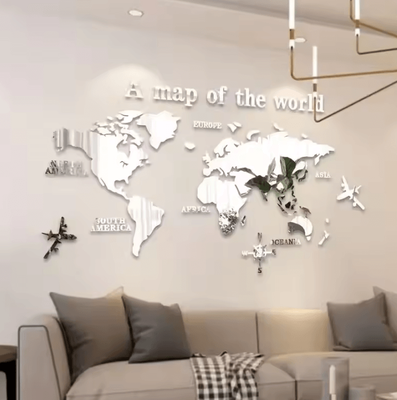Inspire Curations 3D Acrylic World Map Mirror Wall Decor silver Map m 1.2x0.6m