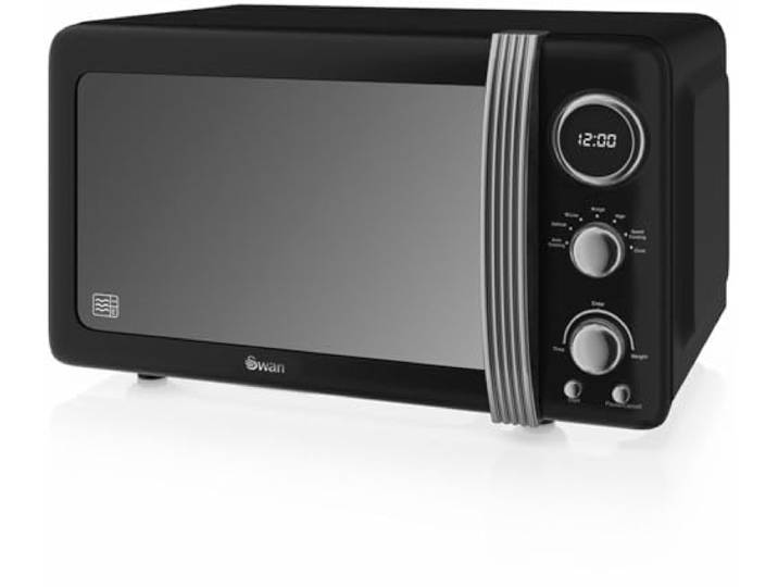 Swan Retro SM22030LBNEU Digitale Mikrowelle, 20 l, 5 Leistungsstufen, Auftaufunktion, Timer 60 Minuten, Spiegeltür, Drehteller 27 cm, Vintage-Design, Schwarz, 800 W