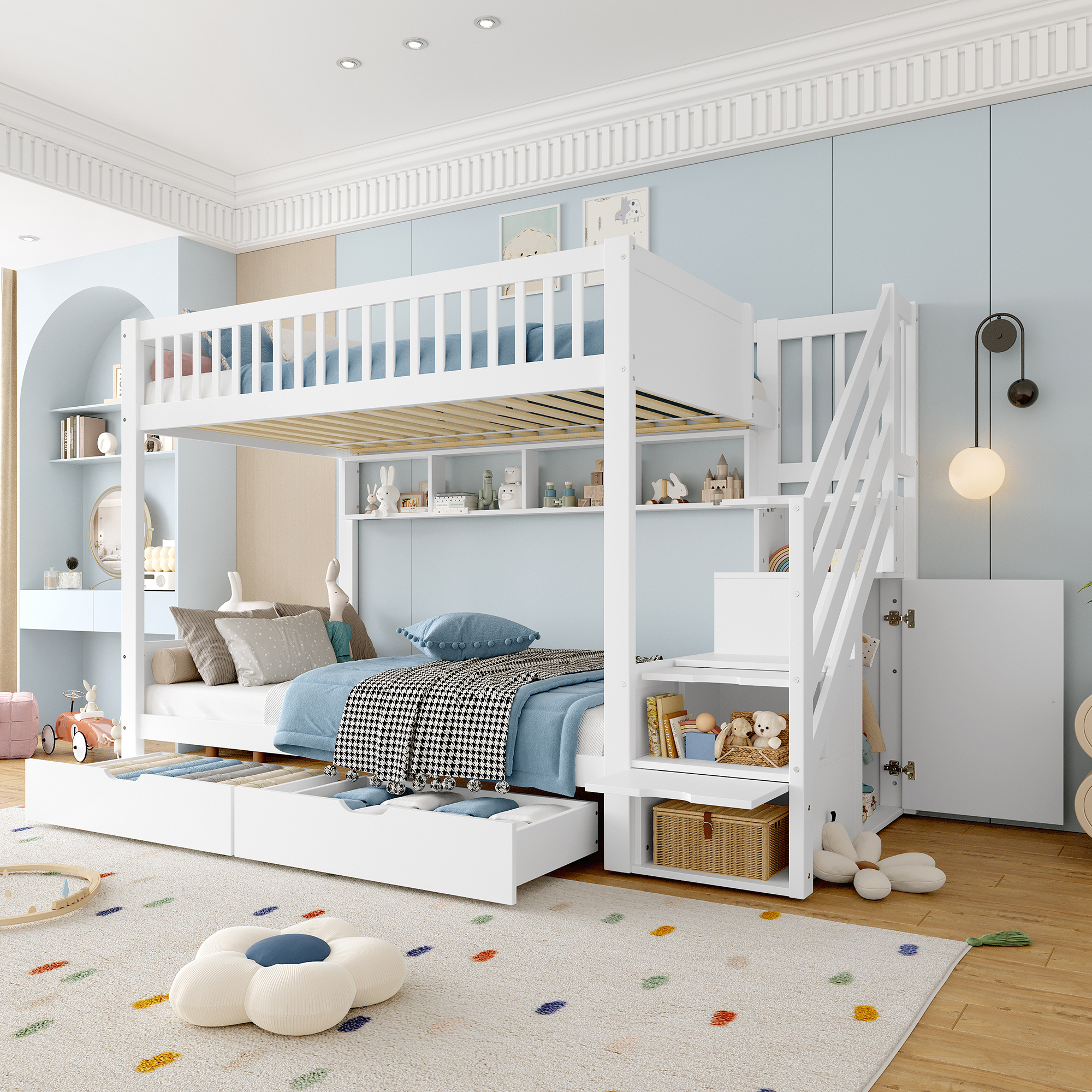 Flieks Etagenbett 90x200cm mit 2 Schubladen, Kinderbett Hochbett mit offenen Ablagen & Stauraumtreppe, Stockbett Einzelbett, Weiß