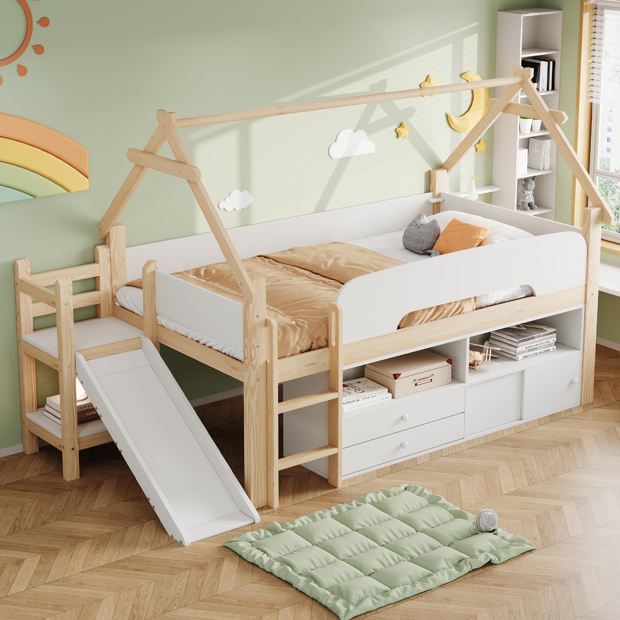 STILVORA Kinderbett 90x200 cm mit Sicherheitsrutsche, Hochbett mit Schubladen und Sicherheitsgeländer, Spielbett mit Spielbereich und Stauraum, Einzelbett mit Dachrahmen