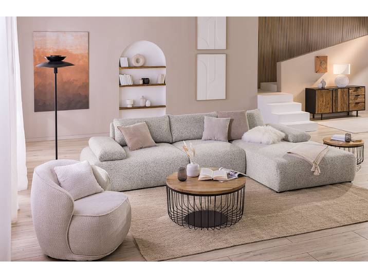 Ecksofa FRYA mit Longchair Silber Strukturstoff Purna 324cm Longchair davorstehend rechts Modern