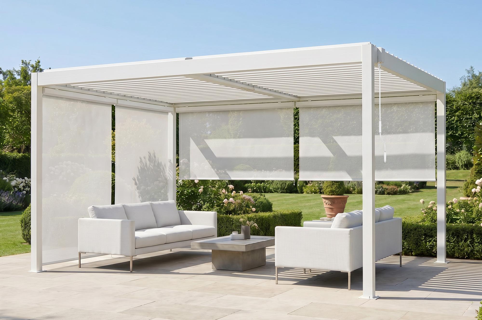 PIANA 4x3m freistehende bioklimatische Pergola aus weißem Aluminium mit einziehbaren Jalousien an 2 Seiten (3m + 4m)