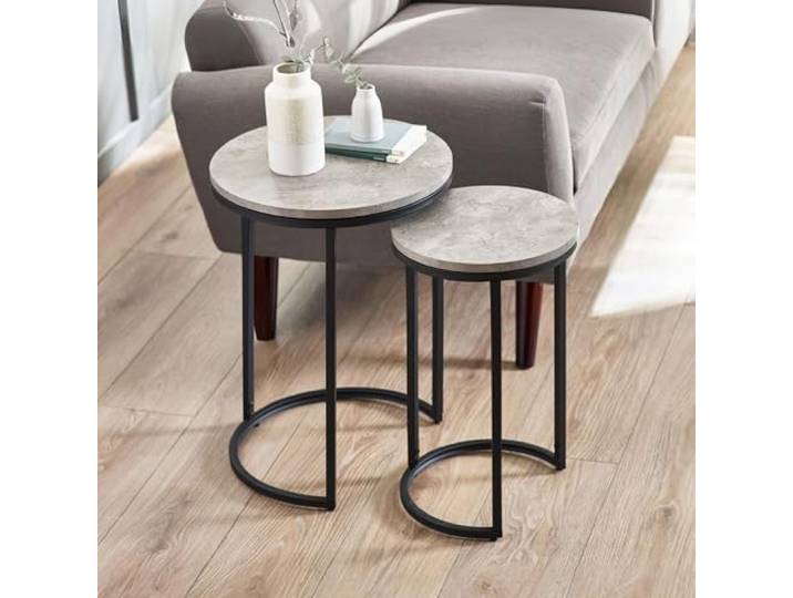 Julian Bowen Staten Runde Satztische, Betonoptik/Schwarz Beistelltisch im Industriestil für Wohnzimmer oder Schlafzimmer, rund, 2er Set, Metallgestell, platzsparendes Nesting-Design