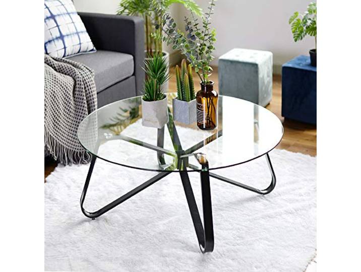 FurnitureR Glas Couchtisch, Wohnzimmertisch, Runder Sofatisch, Couchtisch für Couch, Schlafzimmer, Stabiles Metallgestell, Schwarz + Transparent, 80 × 80 × 40 cm