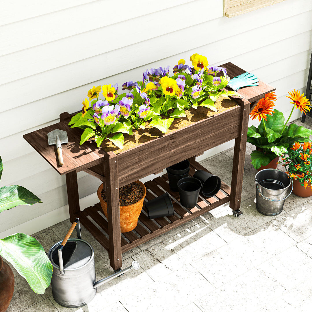 Lily Manor Outsunny Wooden Raised Garden Bed with Lockable Wheels Carbonised Finish 86cm H X 145cm W X 52cm D