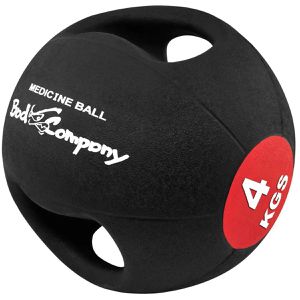 Bad-Company Medizinball mit Doppelgriff, 4 kg, Ø 23 cm, schwarz/rot, mit Gummioberfläche