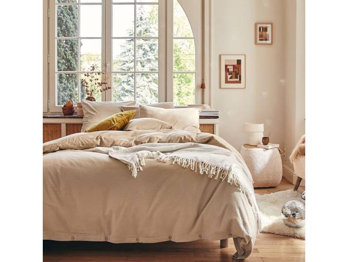 Parure unie en flanelle de coton beige sésame 200x200