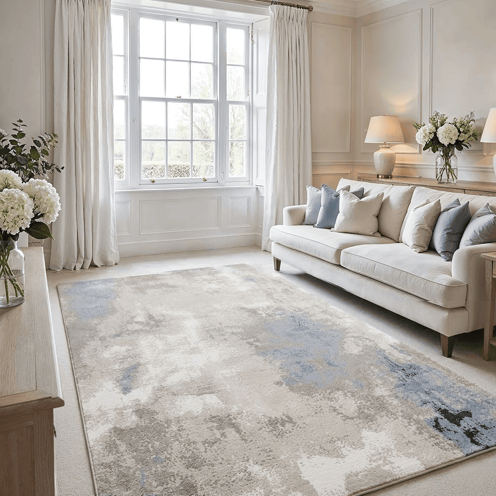 Aveline Metallic Cream, Grey & Blue Abstract Rug, 120 x 170cm