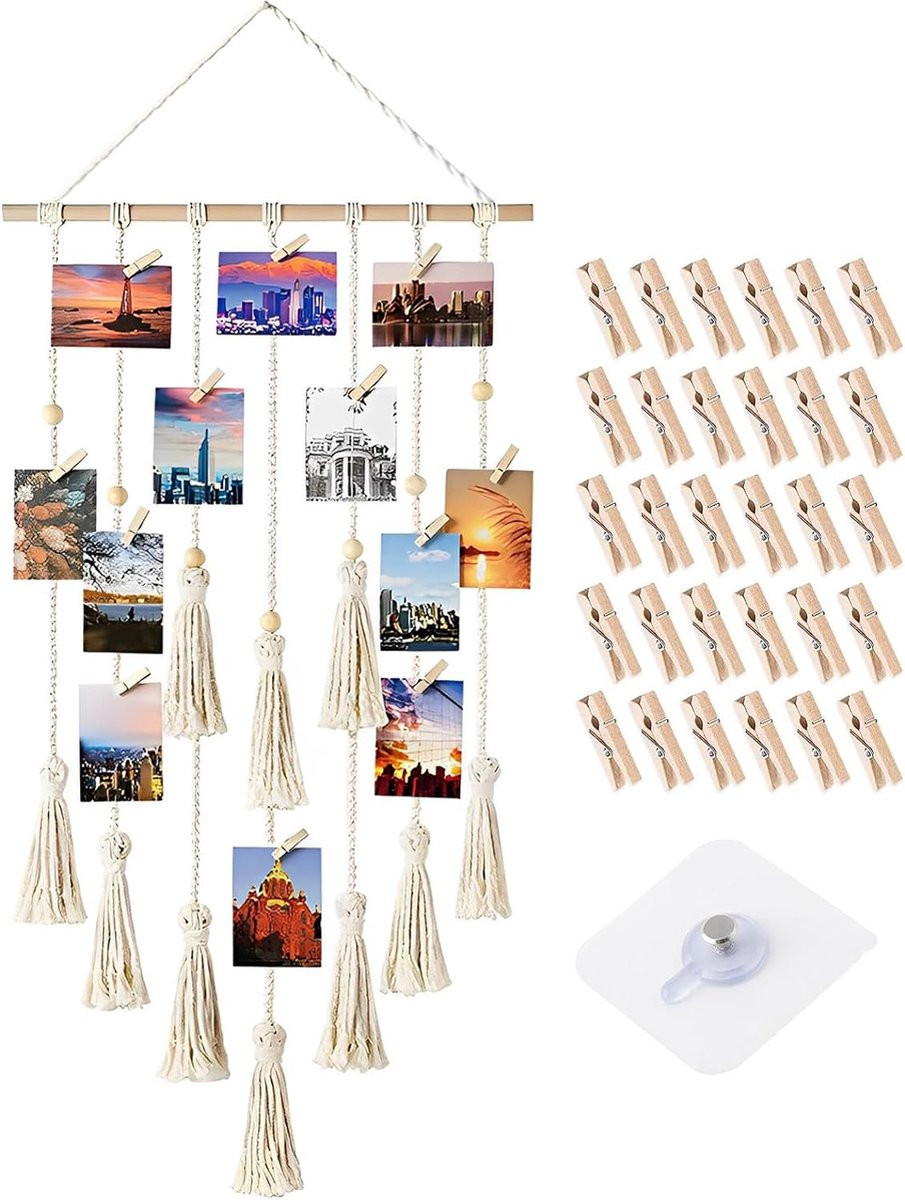 Boho collage fotolijst wit met hout en textiel
