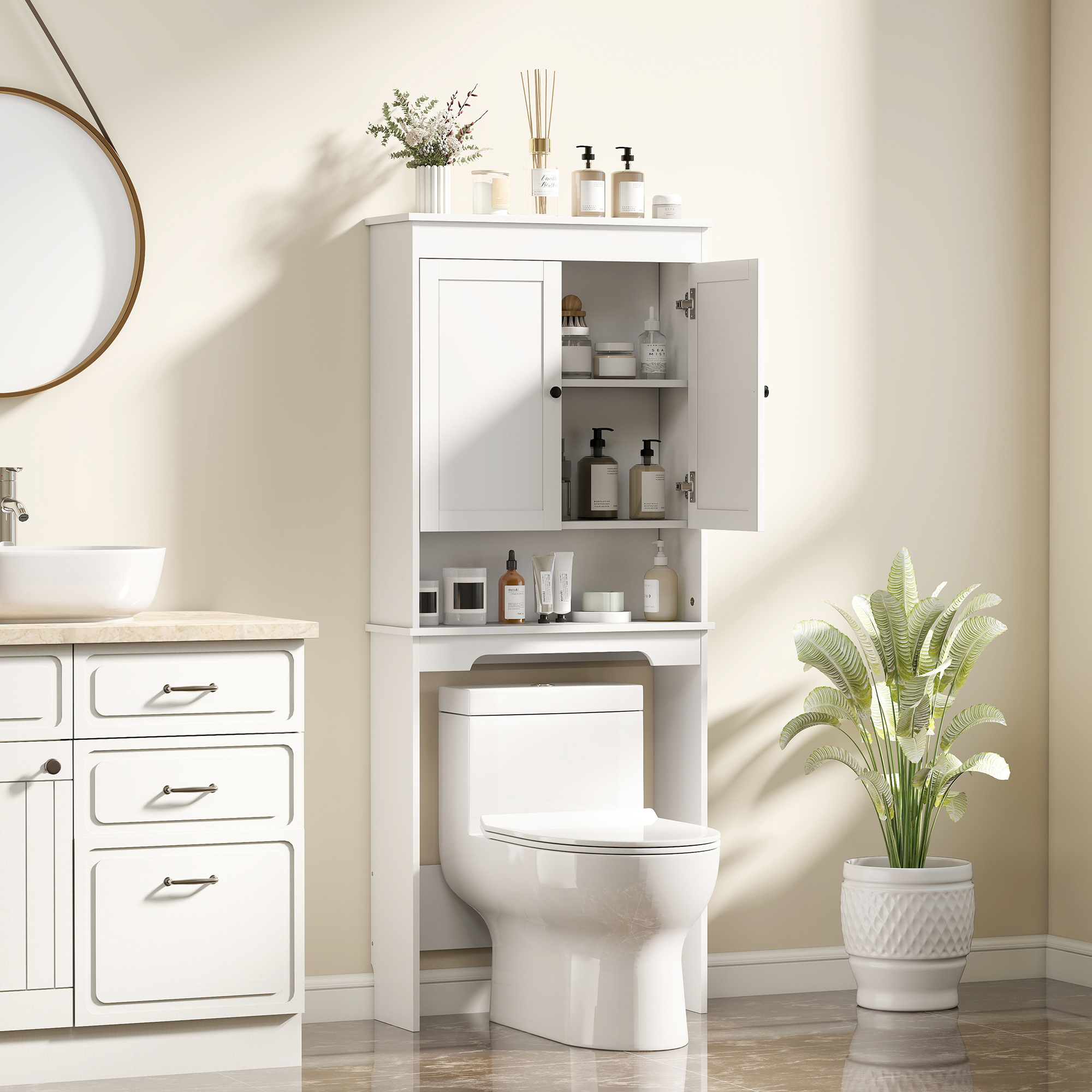 Homcom Mobile sopra WC con 3 Mensole Chiuse e Ripiano Aperto, in Legno, 65x22x161 cm, Bianco   Aosom Italy