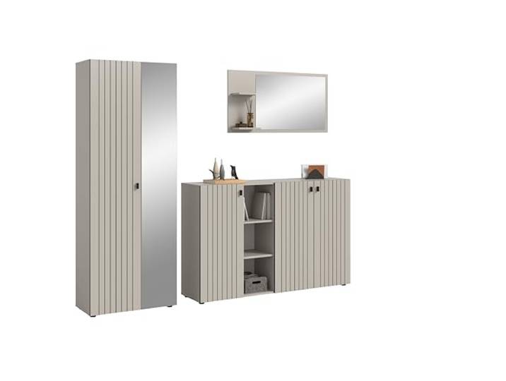 xonox.home – 3-TLG. Garderobenkombination Station 235x192x37 cm in Kaschmir – Breite Garderoben-Kombi mit Schrank, Schuhkommode und Spiegel – stilvolle Komplettlösung