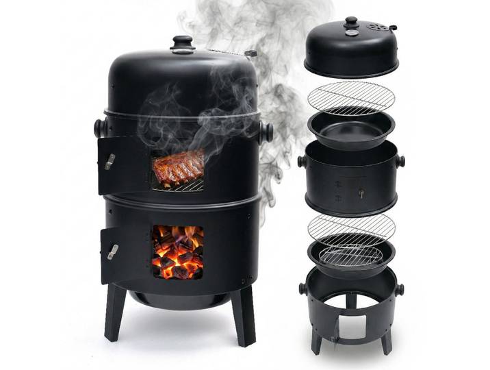 Relaxdays Smoker Schwarz Stahl mit Deckel und Thermometer 79 cm, Metall, 47.5x79x42 cm, Grillen, Grills, Holzkohlegrill