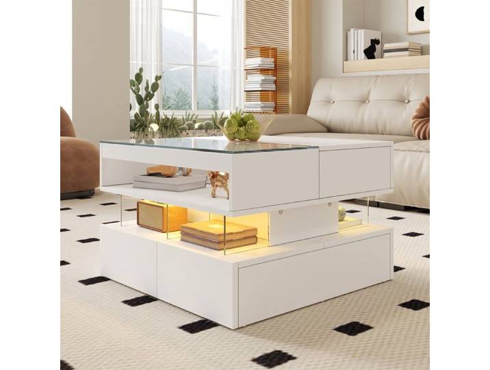 Table basse lift-top blanche avec plateau en verre et éclairage LED 16 couleurs