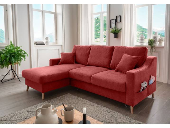 Ecksofa mit Schlaffunktion Rot Webstoff Jimin 228 x 94 x 150cm Longchair davorstehend links mit Schlaffunktion Buche Hell Modern