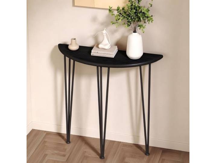 Vethenx Halbmond Konsolentisch,Moderner Konsolentisch,mit Metallbeinen Halbrunder Tisch,Moderner Konsolentisch mit Eisenbeinen,Halbrunder Beistelltisch,Robust,Langlebig【Schwarz-L80×W25×H90cm】