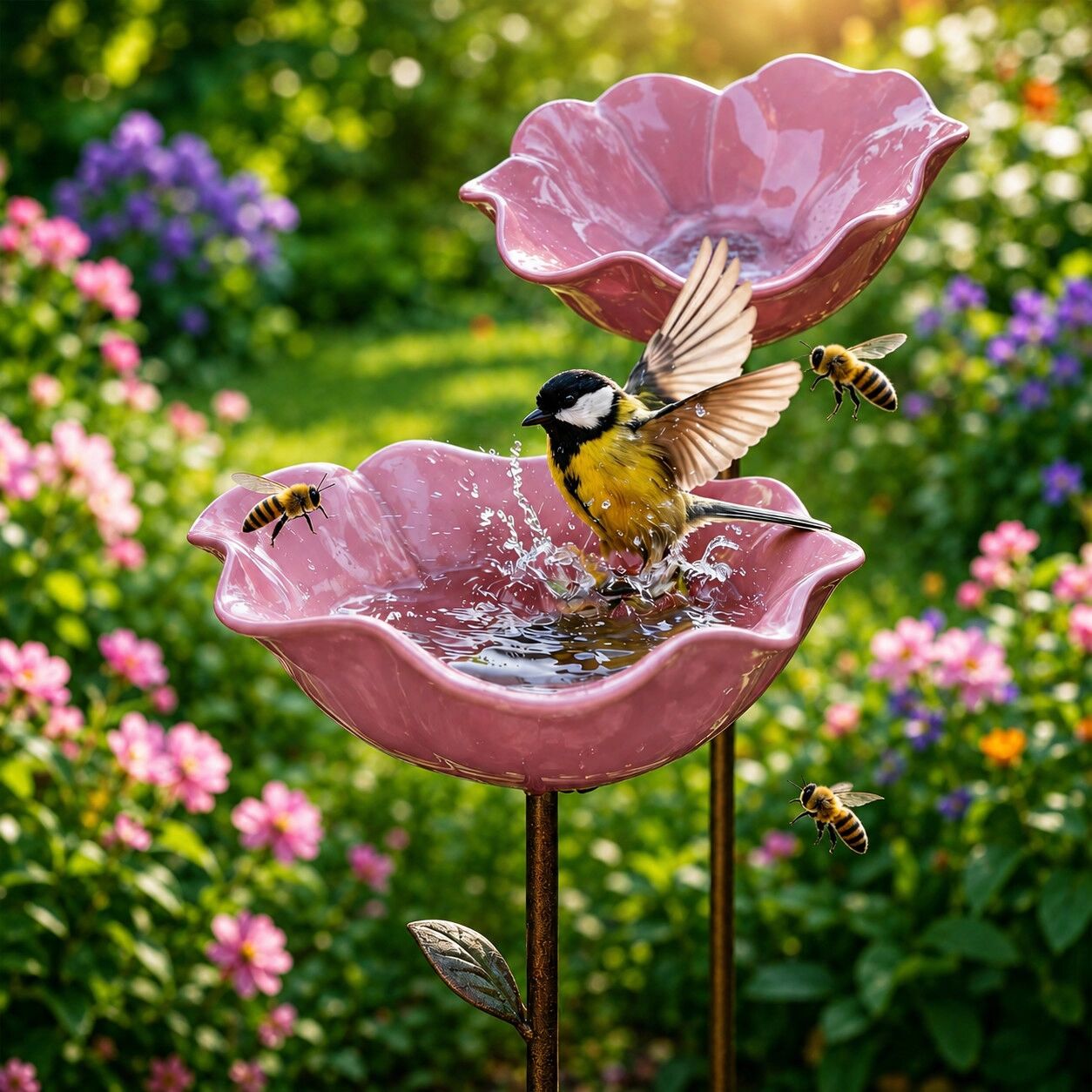 INF Handgefertigte Metall-Blumen-Vogelfutterstelle Pink – blumenförmige Futterschale und dekorativer Gartenstecker, 60cm hoch