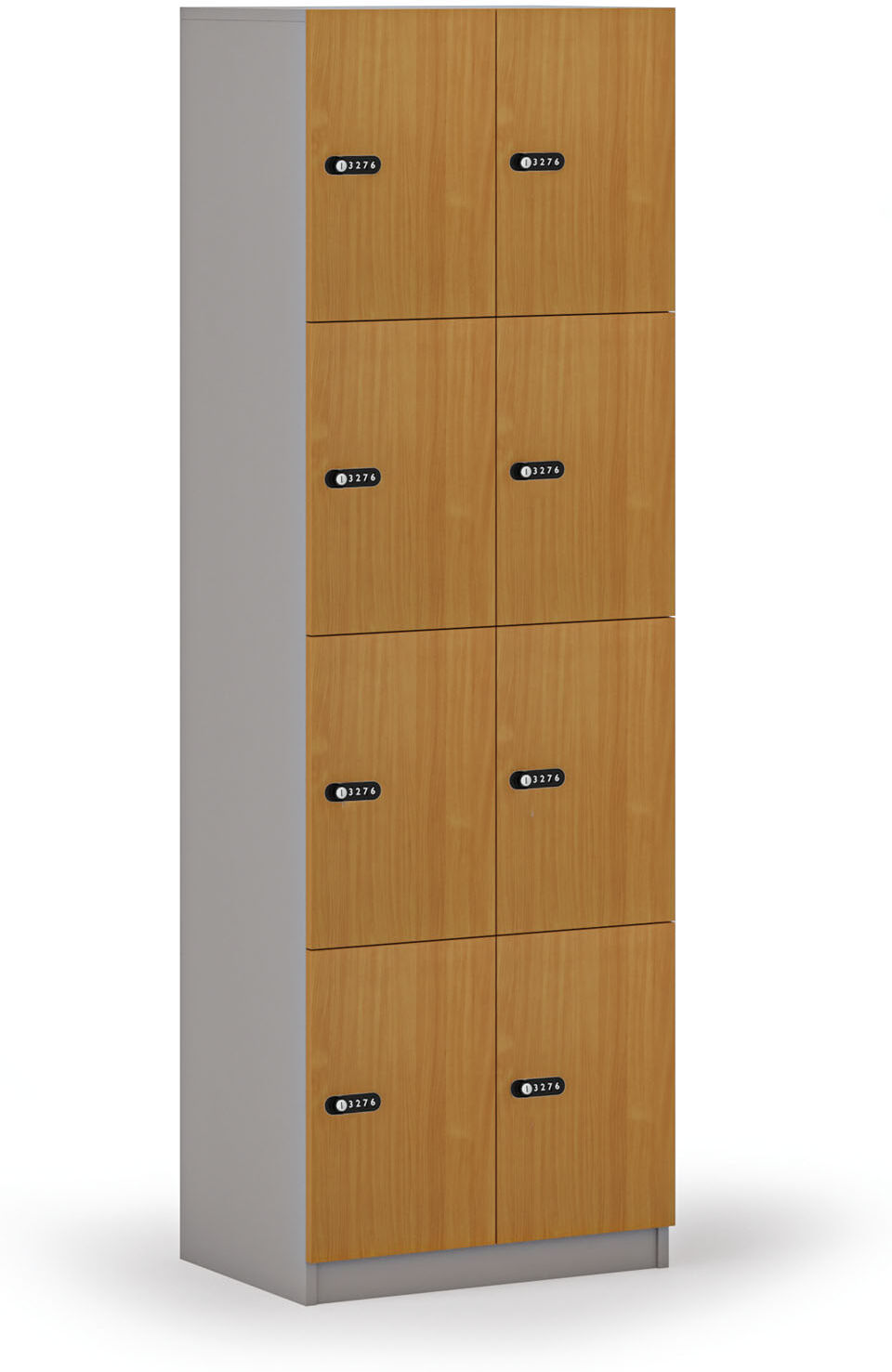 B2B Partner Holzspind S4 mit Ablagefächern, 8 Fächer, zerlegt, mechanisches Codeschloss, grau/Buche