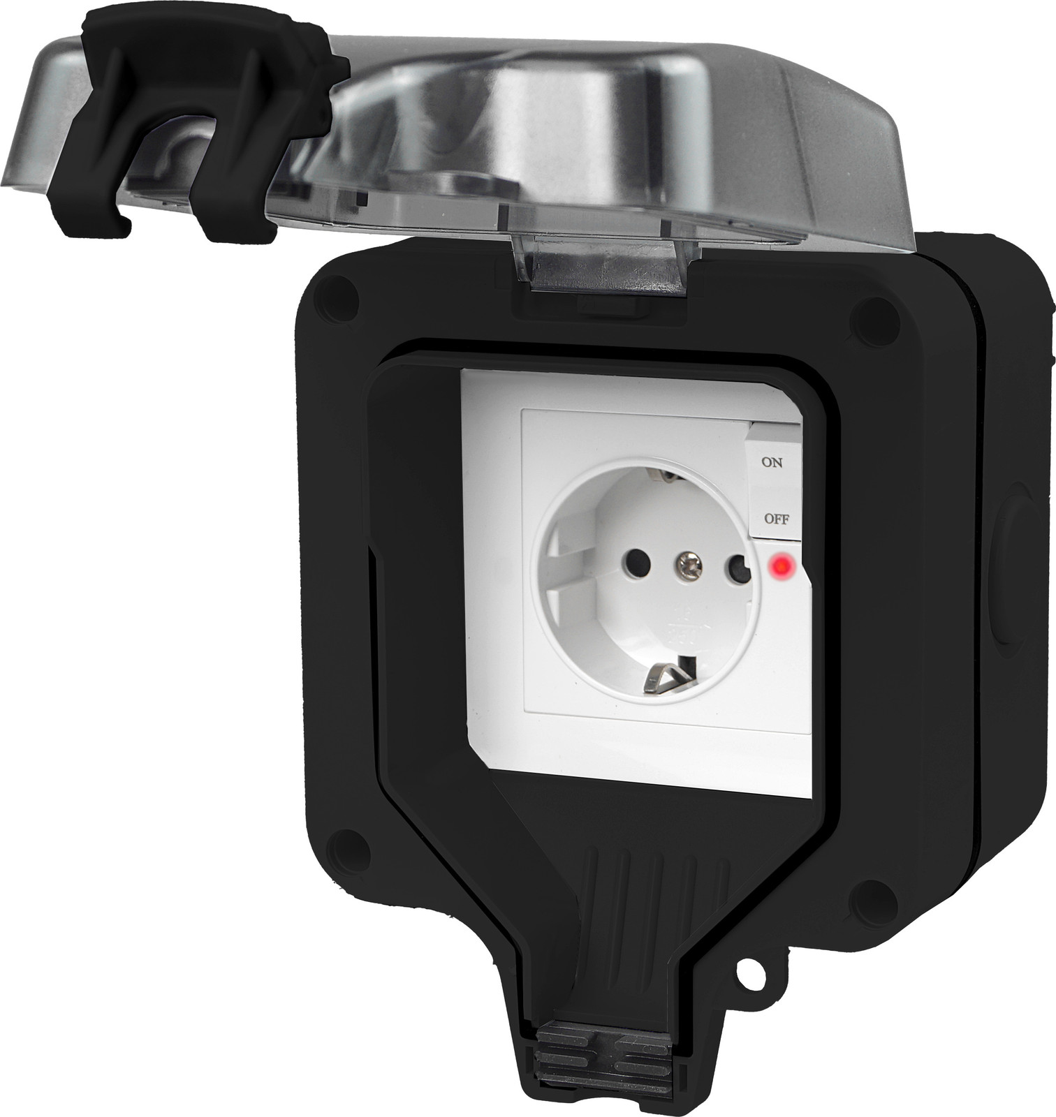 Adelid IP66 wandcontactdoos met schakelaar, zwart, voor buitenmontage