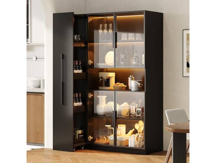 BTM Glasvitrine mit LED Beleuchtung und Ausziehbar Regal, Vitrinenschrank Stehend Küchen/Wohnzimmer Schrank, Schwarz