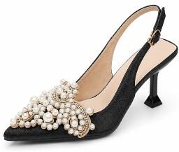 LightInthebox Women's Black Slingback Pumps - Elegant Pointed Toe Pearl Rhinestone Kitten High Heels Dress Shoes for Cocktail Parties, Little Black Dress Formal
