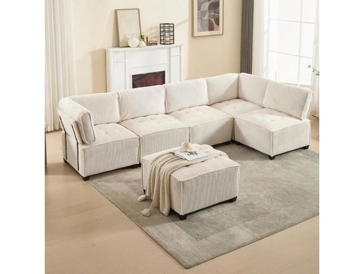 Canapé - KOMHTOM - Modulaire 6 places - Velours côtelé beige - U convertible - Rangement