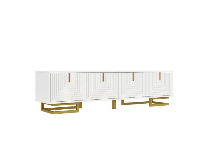 Meuble TV bas avec portes texturées, poignées et pieds dorés, 160x38x44.5cm PINGGO