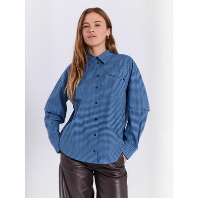 Hemdbluse NORR "NORR Shirt Soffie", Damen, Gr. 38, blau (blau check), Obermaterial: 100% Baumwolle, Blusen Hemdbluse