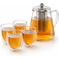 Arendo, Teekanne, Teekanne 1,2 l mit Edelstahl-Teesieb + 4 Thermogläser 350 ml ohne Henkel, Borosilikatglas (1.20 l)