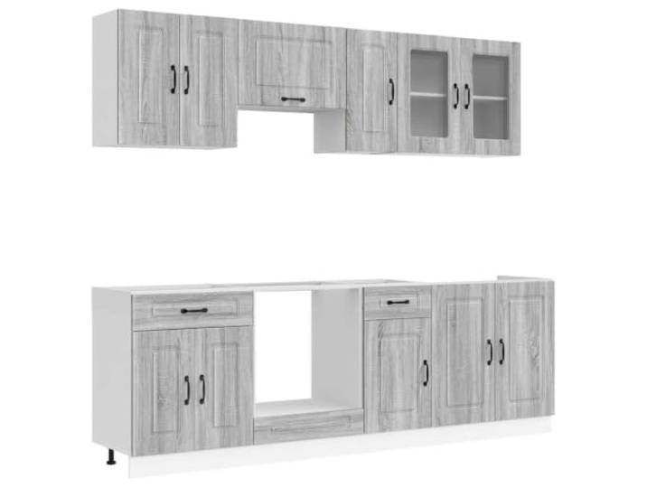 HKTMGDNG 8-TLG Küchenschrank-Set Kalmar Grau Sonoma Holzwerkstoff Moderne Küchenzeile aus robustem Holzwerkstoff in Grau Sonoma mit Glaselementen für Optimierung kleiner Küchenräume.