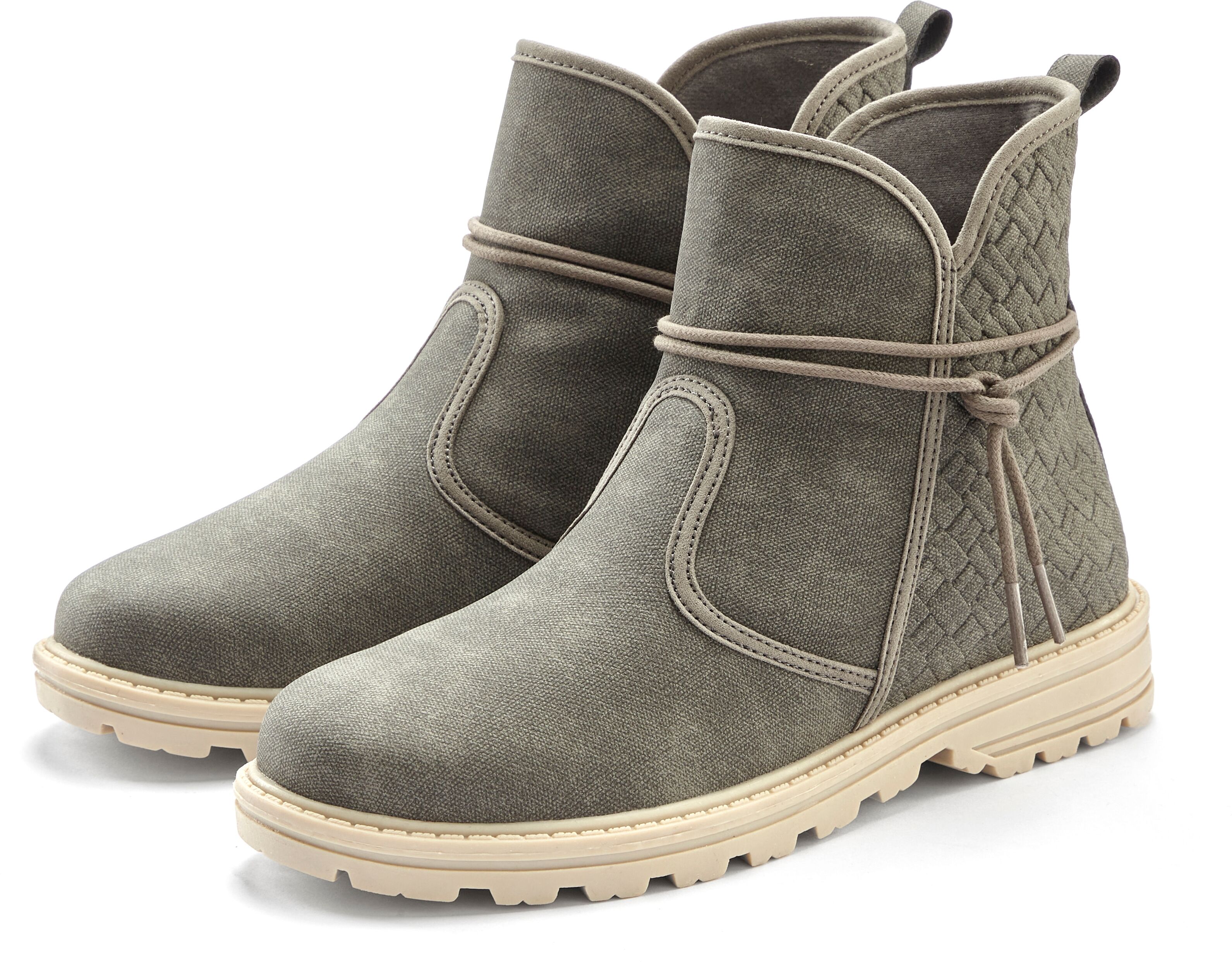Stiefelette VIVANCE "Boots, Stiefel", Damen, Gr. 36, grau, Obermaterial: 100% Lederimitat. Decksohle: 100% Textilmaterial. Futter: 100% Textilmaterial. Laufsohle: 100% Synthetik, Strukturmuster, unifarben, Basic, Schuhe Stiefelette, mit raffinierten Binde