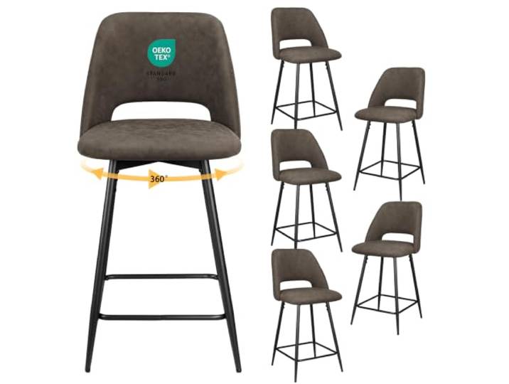 JIJIAN Barhocker 6er Set 360° Drehbar mit Rückenlehne, Sitzhöhe 65 cm Metallgestell mit Fußstütze, 150 kg Belastbar, Technischer Stoff Barstuhl, für Küche, Kücheninsel, Hausbar, Dunkelbraun