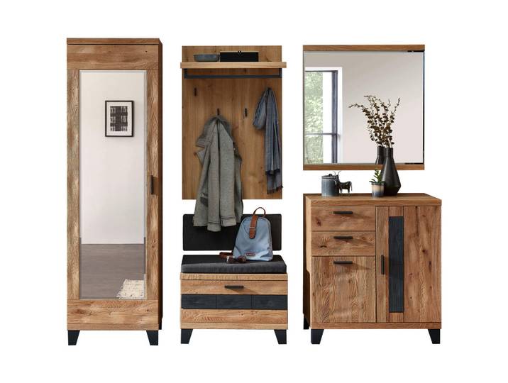 Linea Natura Garderobe, Grau, Wildeiche, Holz, Textil, Holzwerkstoff, Wildeiche, massiv, 245x203x38 cm, Garderobe, Garderobensets & -serien, Garderoben-Set