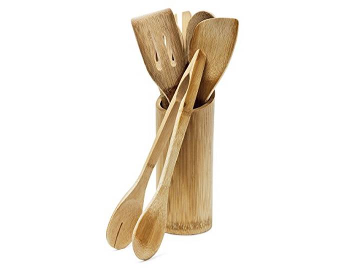 Relaxdays Ensemble d'ustensiles de Cuisine avec Support 6 Pièces en Bambou 30 cm spatule Fourchette cuillère Pince à Salade\, Nature