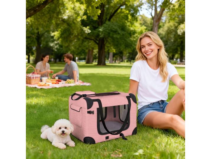 PawHut Transporteur Pliable 60cm Rose Maille et Coussin Doux