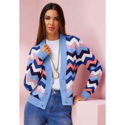 Cardigan HEINE, Damen, Gr. 38, blau (himmelblau, flamingo, gemustert), 50% Baumwolle, 50% Polyacryl, gemustert, mehrfarbig, Strickjacken