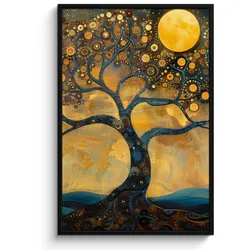 POSTER MIT RAHMEN Baum - Mond - Blumen - Gold - Kunst Bilderleiste 80x120 cm